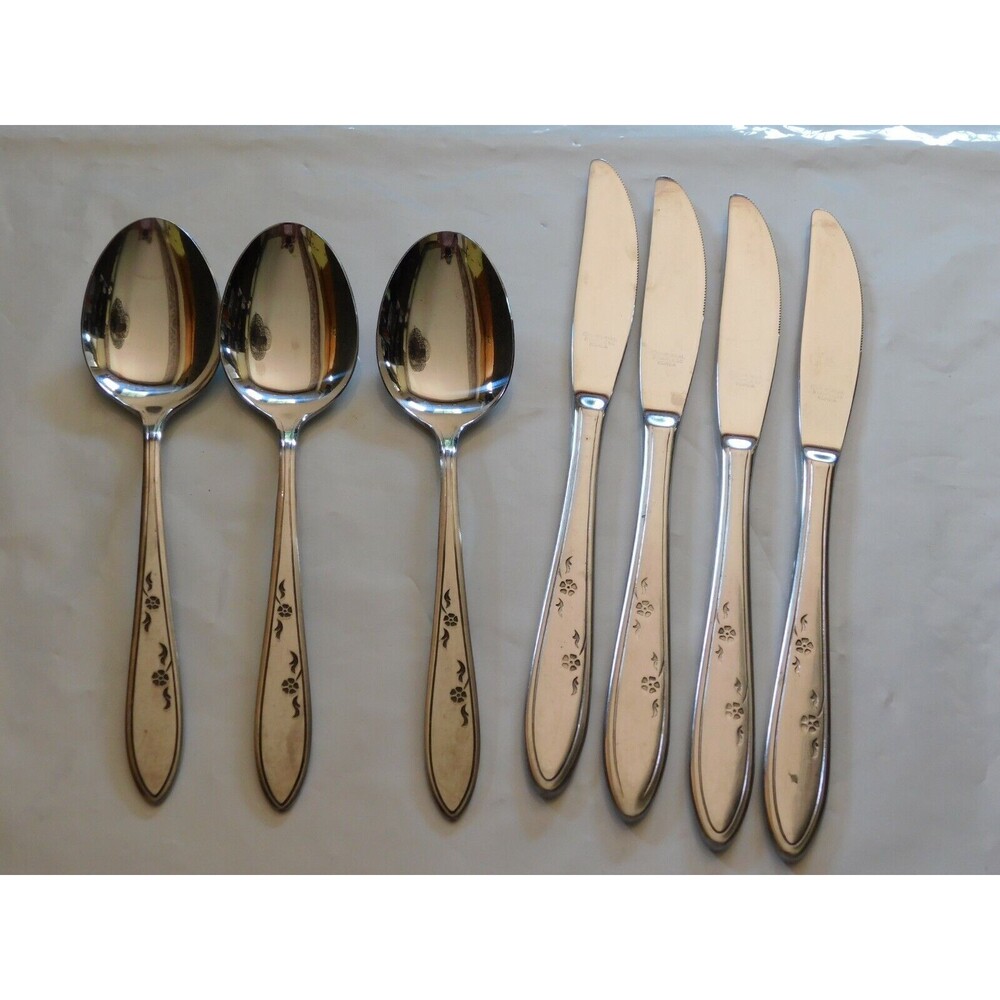 Vintage Imperial Stainless Korea Flatware Dancing Flowers 7 Pieces